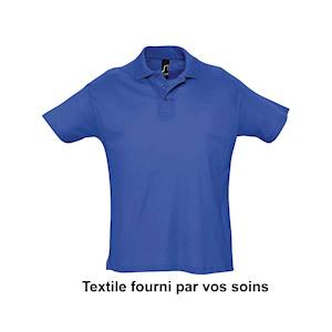 Impression directe quadri sur polo 100% coton fourni pas vos soins. INFORMATIONS OBLIGATOIRES à nous fournir avant livraison de vos textiles : Nombre de pièce par taille et référence - Nom de l'expéditeur - Jour de livraison programmé - Prévoir 1 à 3... 